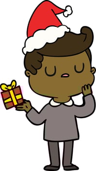 line drawing of a man wondering wearing santa hat vector