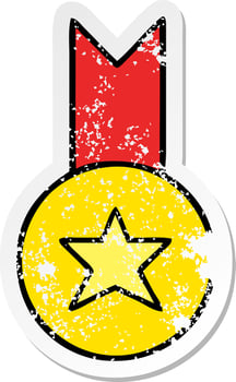 distressed sticker of a cute cartoon gold medal vector