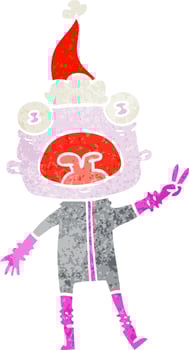 retro cartoon of a weird alien waving wearing santa hat vector