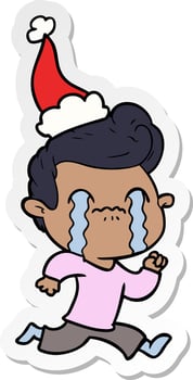 sticker cartoon of a man crying wearing santa hat vector