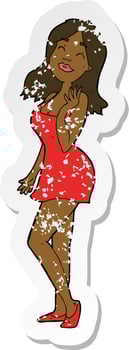 retro distressed sticker of a cartoon pretty woman in cocktail dress vector