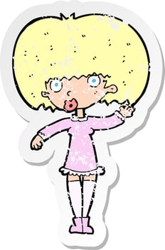 retro distressed sticker of a cartoon waving girl vector