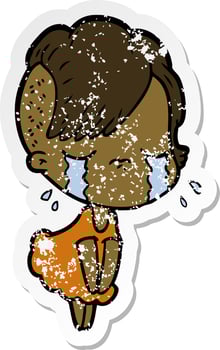 distressed sticker of a cartoon crying girl vector