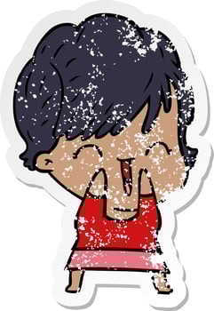 distressed sticker of a cartoon laughing woman vector