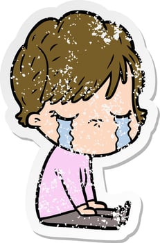 distressed sticker of a cartoon woman crying vector