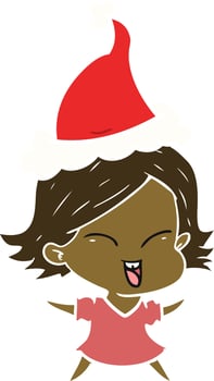 happy flat color illustration of a girl wearing santa hat vector