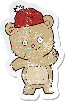 retro distressed sticker of a cartoon bear in hat vector
