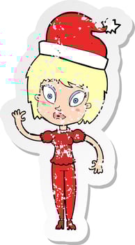 retro distressed sticker of a cartoon woman ready for christmas vector