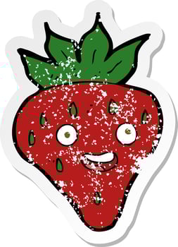 retro distressed sticker of a cartoon happy strawberry vector