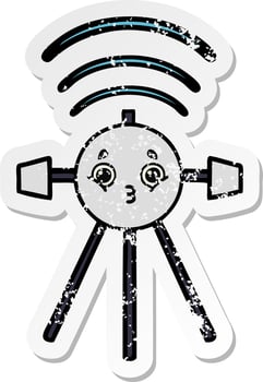 distressed sticker of a cute cartoon satellite vector