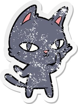 distressed sticker of a cartoon cat staring vector