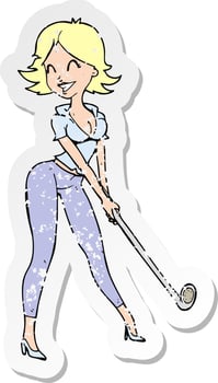 retro distressed sticker of a cartoon woman playing golf vector