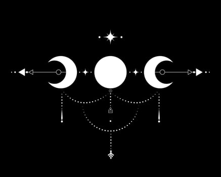 Triple Moon, Sacred Geometry, mystical arrows and crescent moon, dotted lines in boho style, wiccan icon, alchemy esoteric mystical magic sign. Spiritual occultism vector isolated on black background