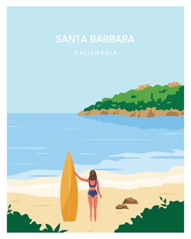 Santa Barbara beach with girl holding surfboard, Vector illustration background. Suitable for poster, postcard, template.