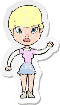 retro distressed sticker of a cartoon woman waving vector