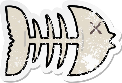 distressed sticker of a quirky hand drawn cartoon dead fish bone vector