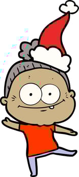 line drawing of a happy old woman wearing santa hat vector