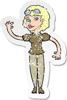 retro distressed sticker of a cartoon pilot woman waving vector
