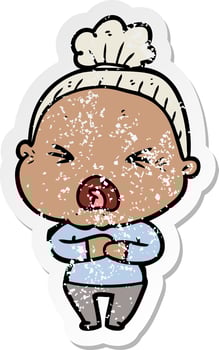 distressed sticker of a cartoon angry old woman vector