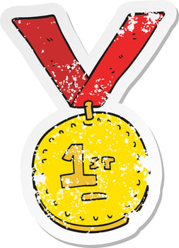 retro distressed sticker of a cartoon first place medal vector