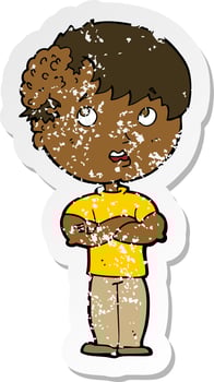 retro distressed sticker of a cartoon boy with growth on head vector