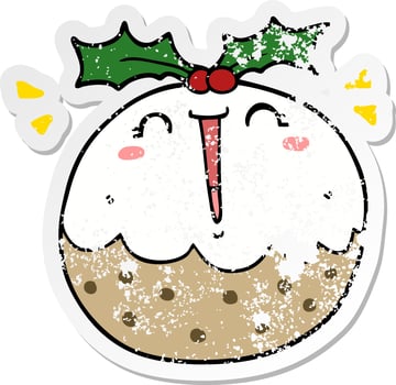 distressed sticker of a cute cartoon christmas pudding vector