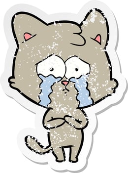 distressed sticker of a cartoon crying cat vector