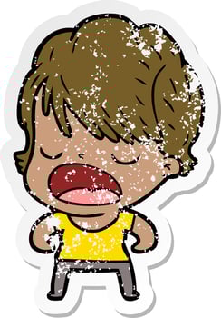 distressed sticker of a cartoon woman talking vector