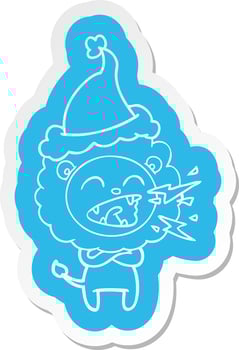 cartoon  sticker of a roaring lion wearing santa hat vector