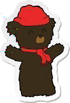 sticker of a cartooon cute black bear in hat and scarf vector