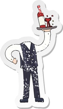 retro distressed sticker of a cartoon headless waiter vector