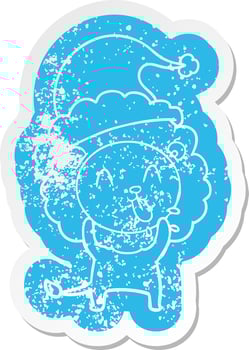 happy cartoon distressed sticker of a lion wearing santa hat vector