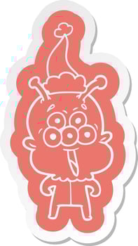 happy cartoon  sticker of a alien wearing santa hat vector