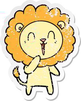 distressed sticker of a laughing lion cartoon vector