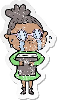distressed sticker of a cartoon crying woman wearing spectacles vector