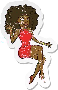 retro distressed sticker of a cartoon sitting woman waving vector