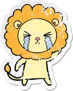 distressed sticker of a cartoon crying lion vector