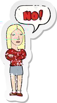 retro distressed sticker of a cartoon woman saying no vector