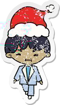 christmas distressed sticker cartoon of kawaii boy vector