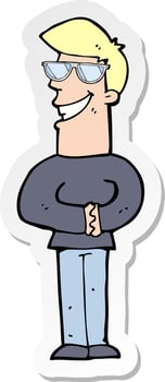 sticker of a cartoon grinning man with glasses vector