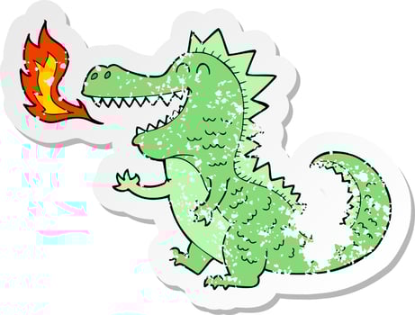 retro distressed sticker of a cartoon fire breathing dragon vector