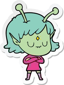 sticker of a cartoon alien girl vector