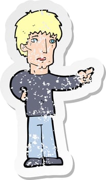 retro distressed sticker of a cartoon pointing man vector