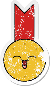 distressed sticker of a cute cartoon gold medal vector