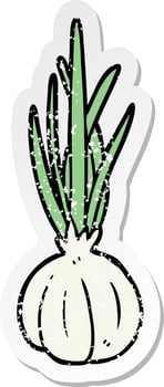 distressed sticker of a cartoon garlic vector