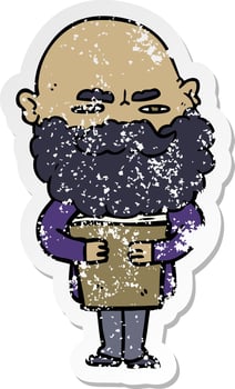 distressed sticker of a cartoon man with beard frowning vector