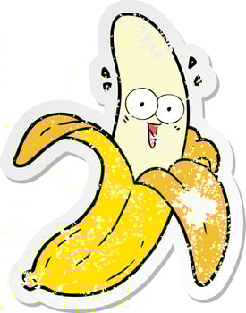 distressed sticker of a cartoon crazy happy banana vector