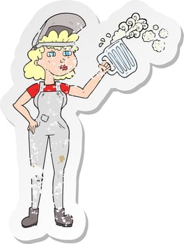 retro distressed sticker of a cartoon hard working woman with beer vector