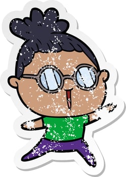 distressed sticker of a cartoon woman wearing spectacles vector