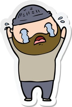 sticker of a cartoon bearded man crying vector